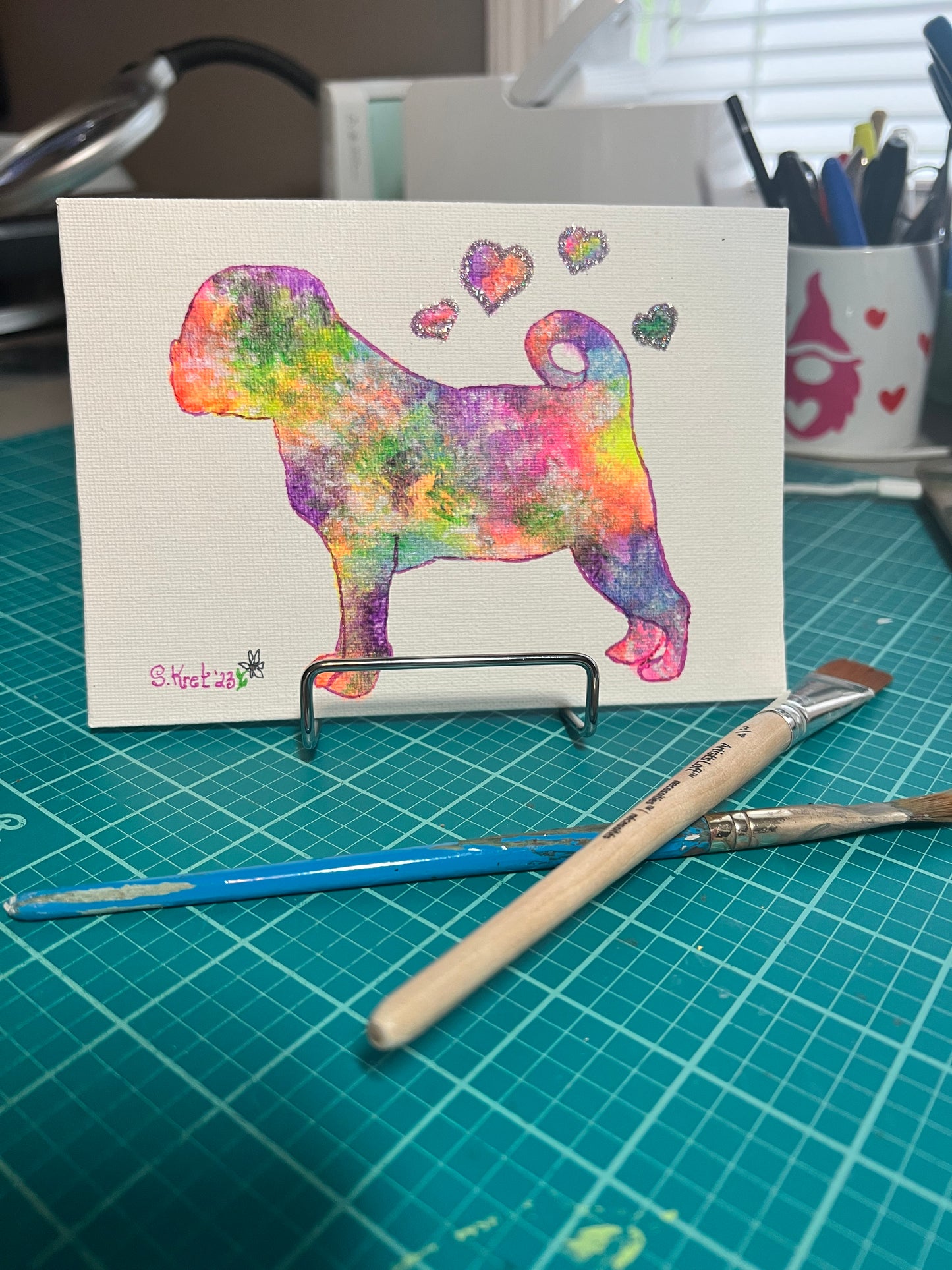 Acrylic Pug Painting, One of a Kind, Mixed Media Acrylic Paint, Glitter, Ink