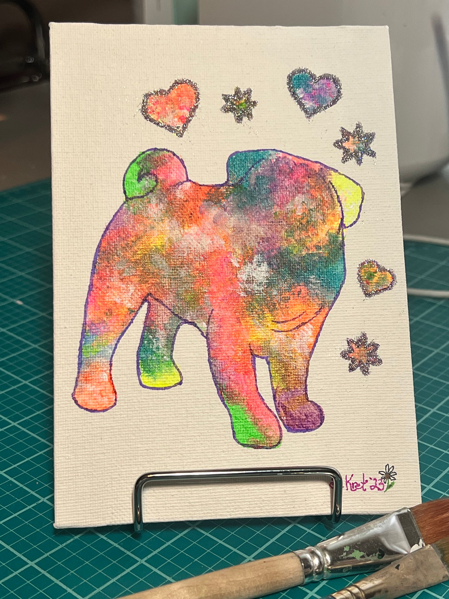 Pug Painting Psychedelic Colors, Acrylic Paint, Ink and Glitter, Mixed Media Original Artwork