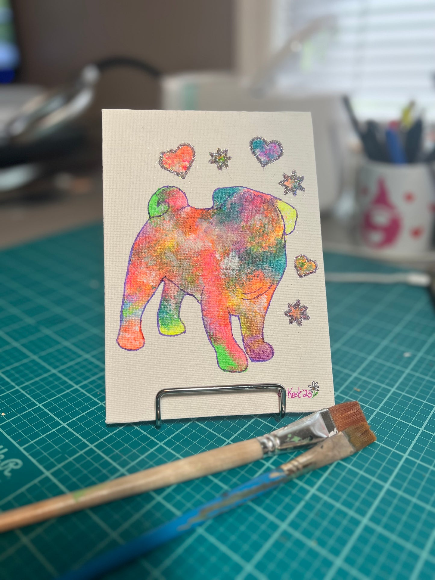 Pug Painting Psychedelic Colors, Acrylic Paint, Ink and Glitter, Mixed Media Original Artwork