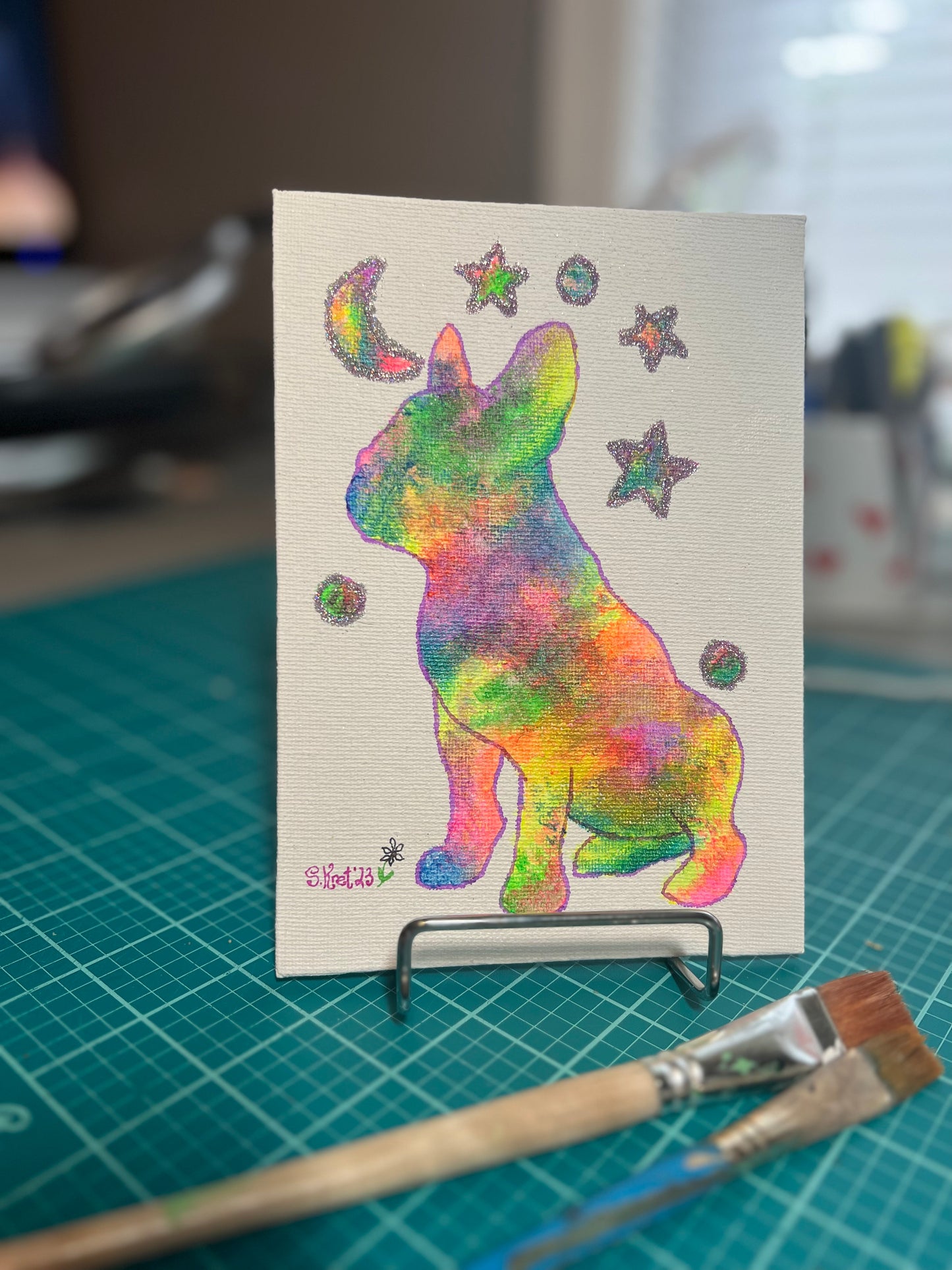 Psychedelic French Bulldog Painting Original One of a Kind Mixed Media