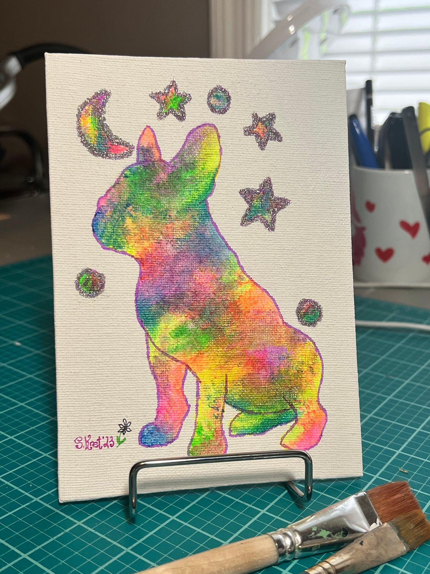 Psychedelic French Bulldog Painting Original One of a Kind Mixed Media