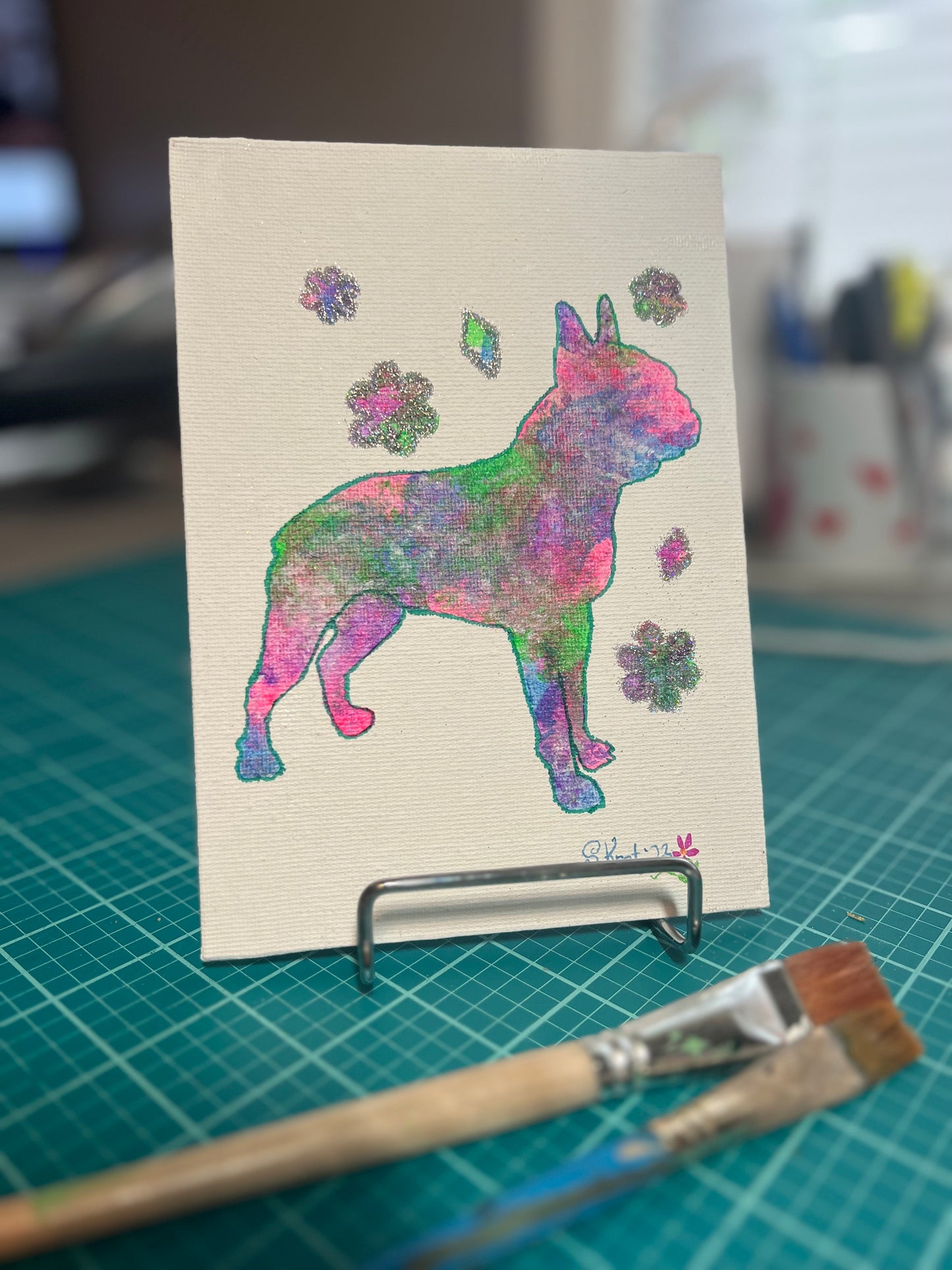 Psychedelic Boston Terrier Painting Multi Media 5 x 7