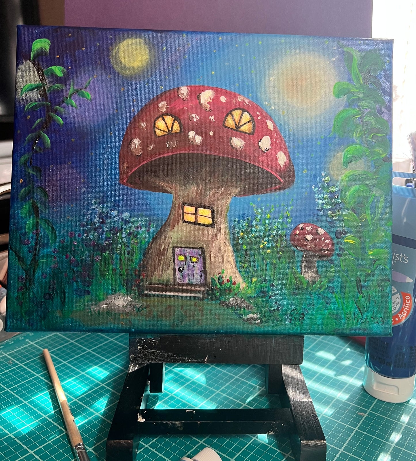 Fairy Mushroom House Original Acrylic Painting on Canvas 8x10 inch
