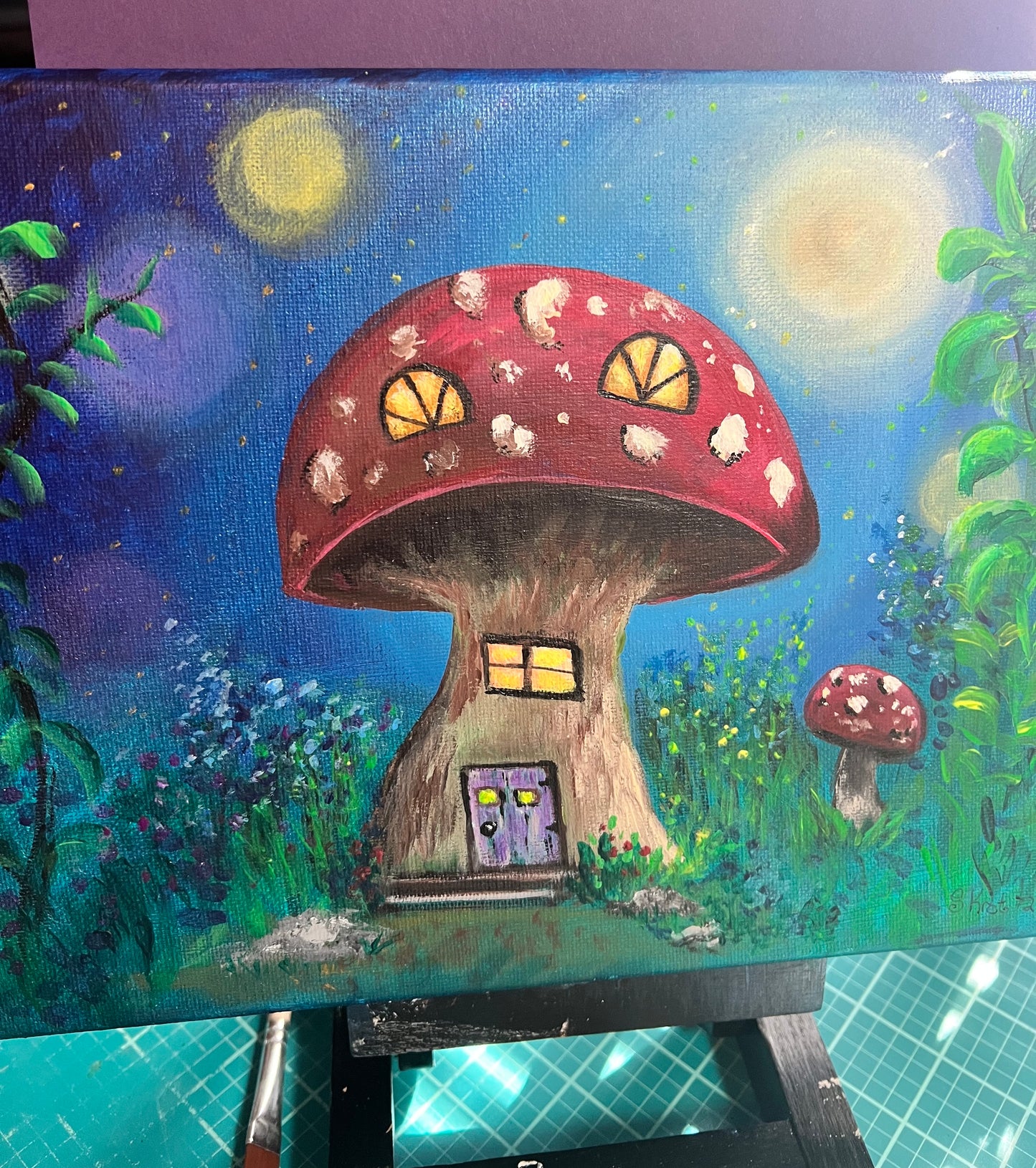 Fairy Mushroom House Original Acrylic Painting on Canvas 8x10 inch