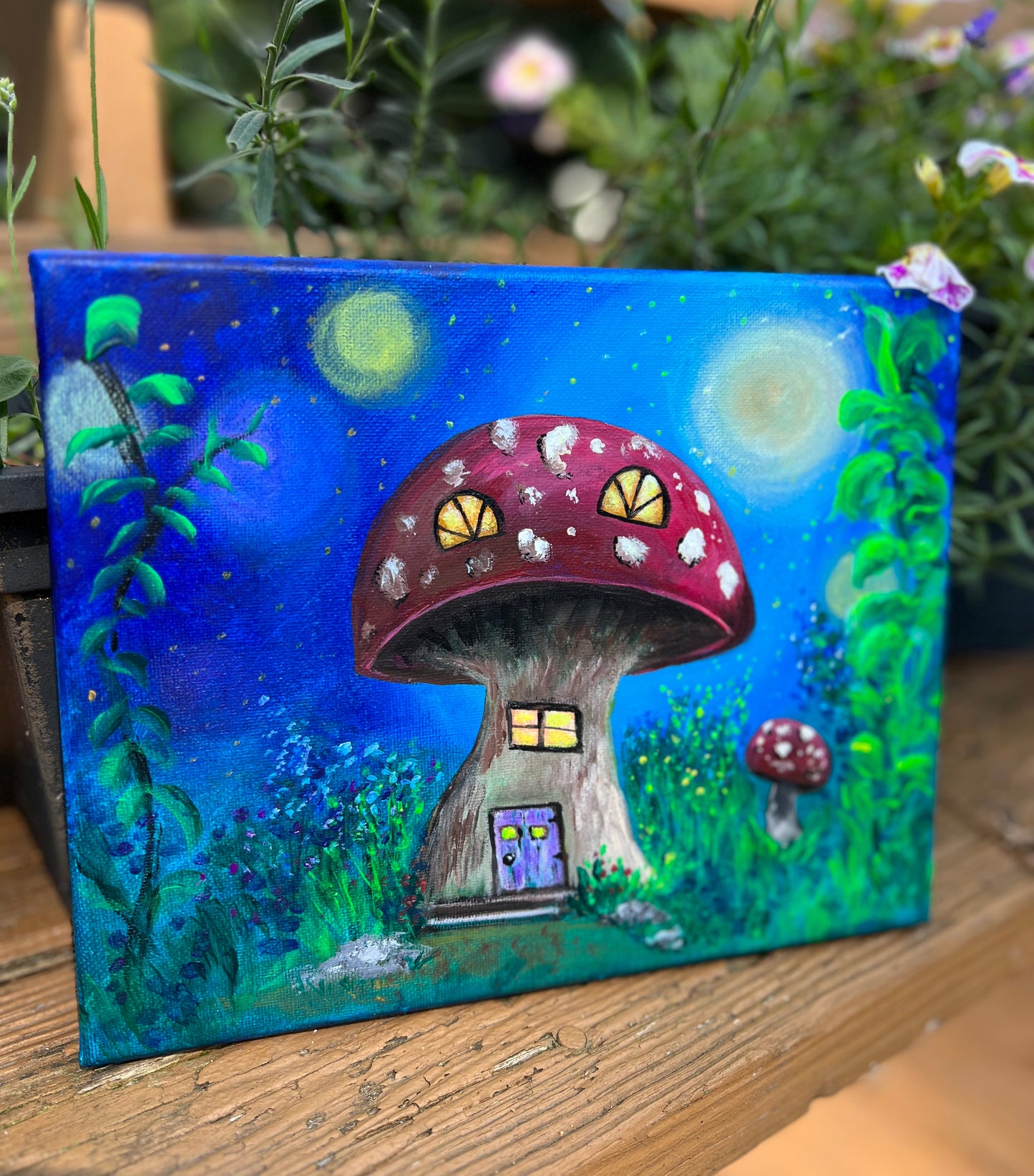 Fairy Mushroom House Original Acrylic Painting on Canvas 8x10 inch