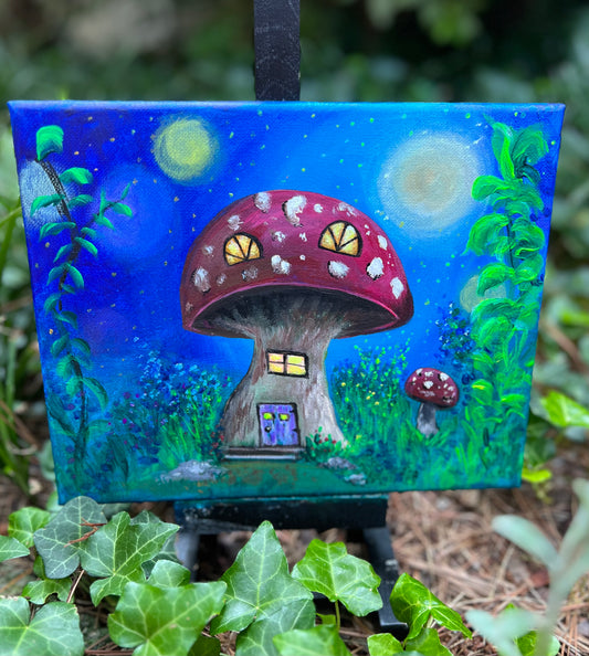 Fairy Mushroom House Original Acrylic Painting on Canvas 8x10 inch