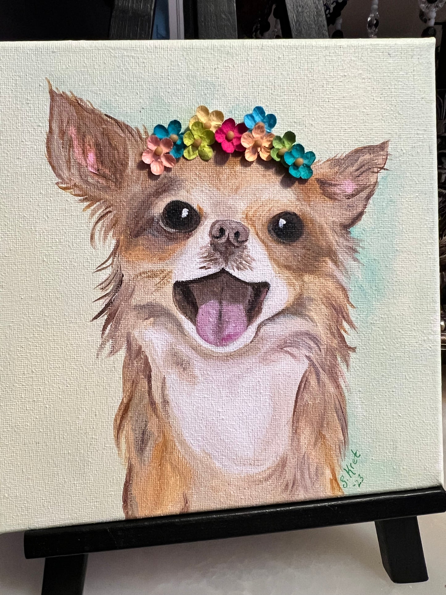 Original Acrylic Chihuahua Painting, Long Hair Chihuahua, Flower Headband