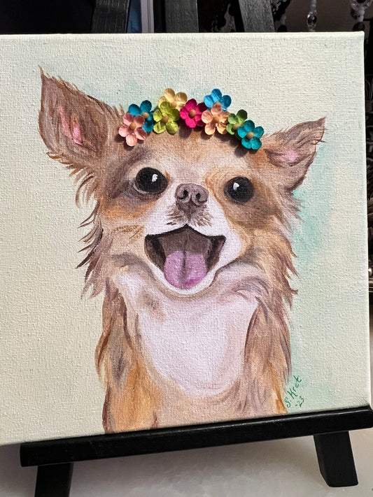 Original Acrylic Chihuahua Painting, Long Hair Chihuahua, Flower Headband