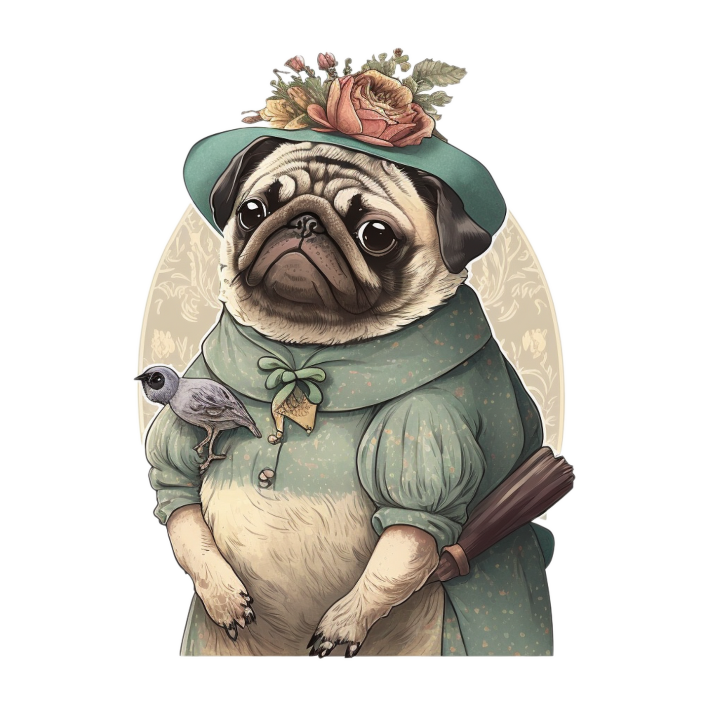 Stickers Lady Pug with Bird and Flower Hat