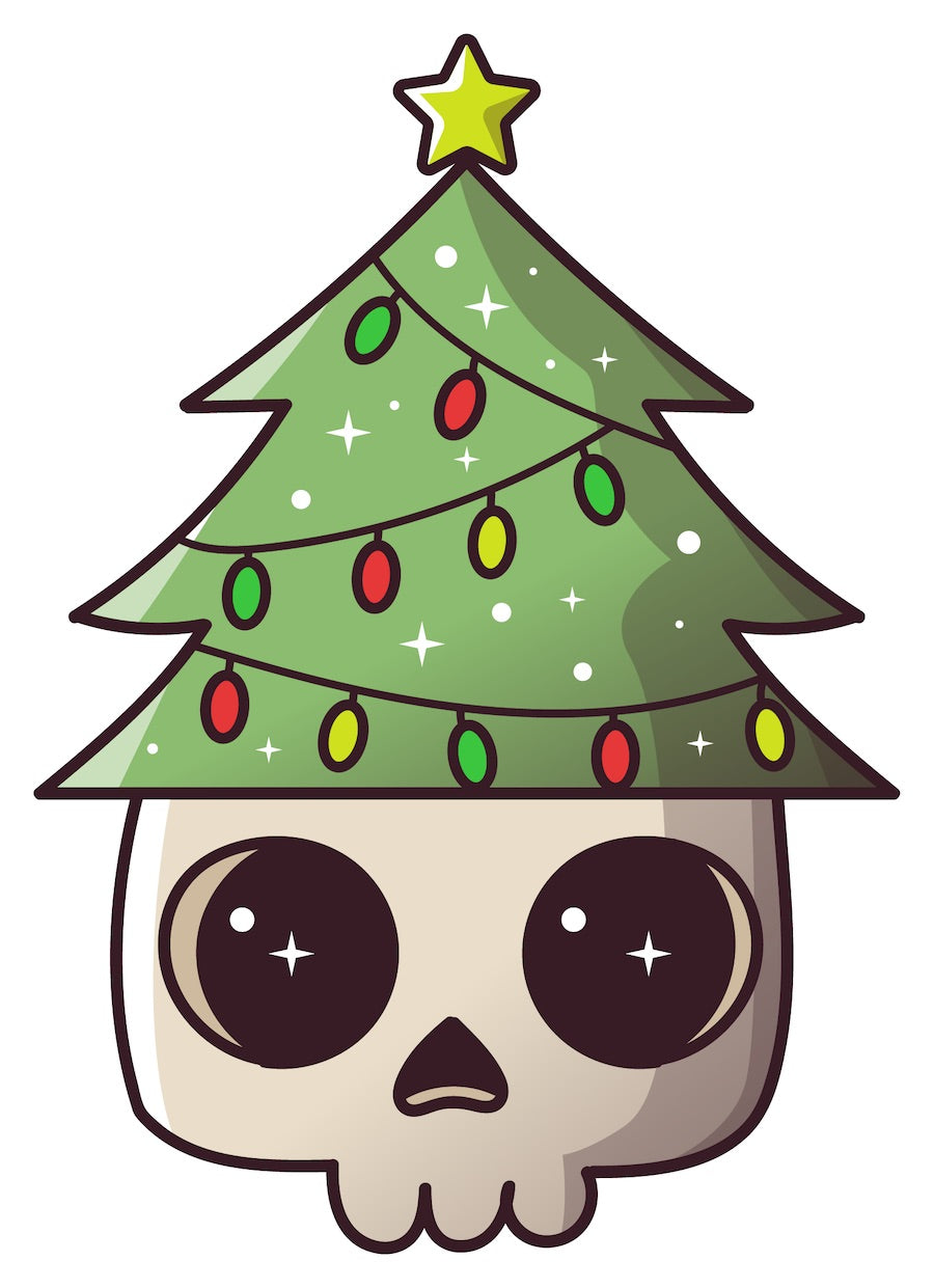 Stickers - Skull with Christmas Tree Hat Sticker, Christmas Stickers