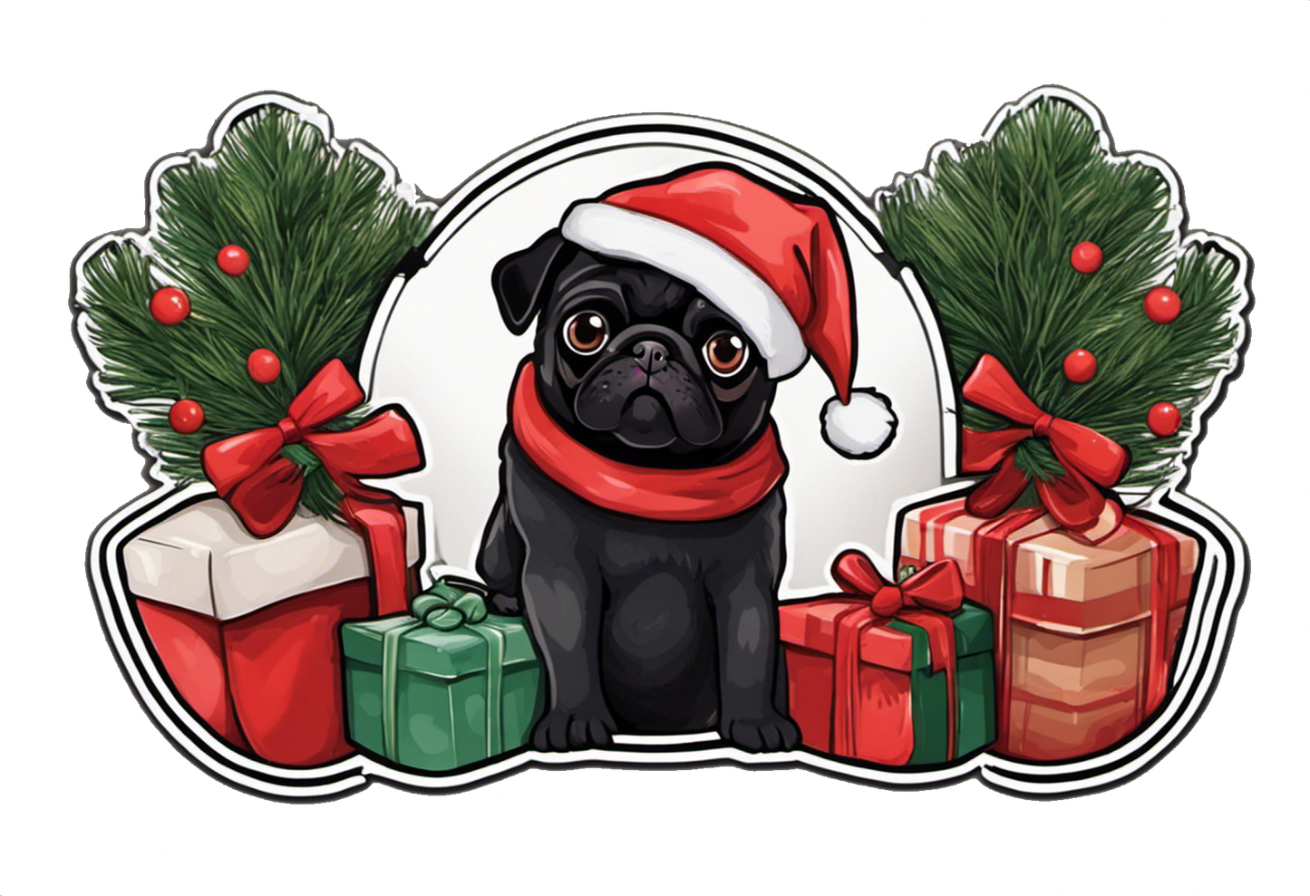 Sticker - Black Pug Christmas Pug with Gifts and Christmas Trees