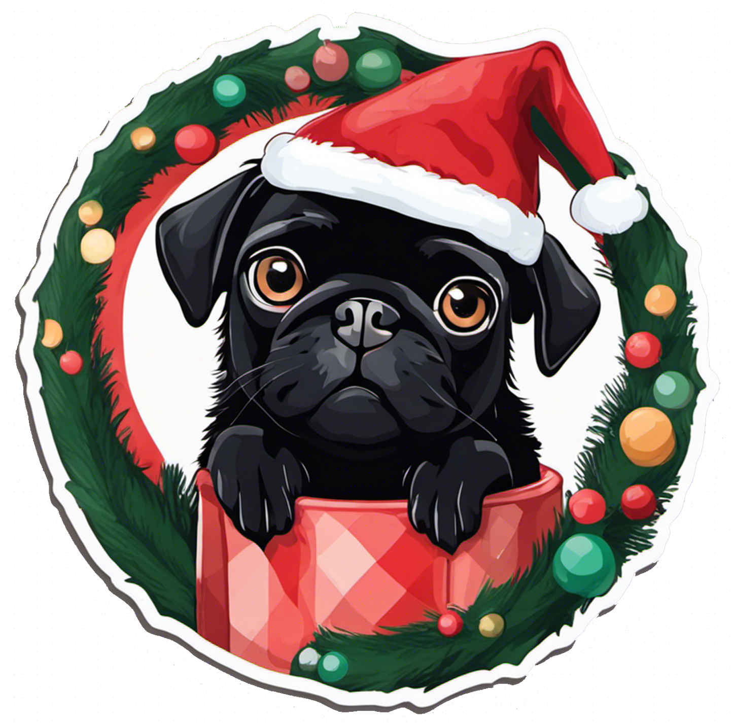 Sticker - Black Pug Wearing Santa Hat, Christmas Wreath