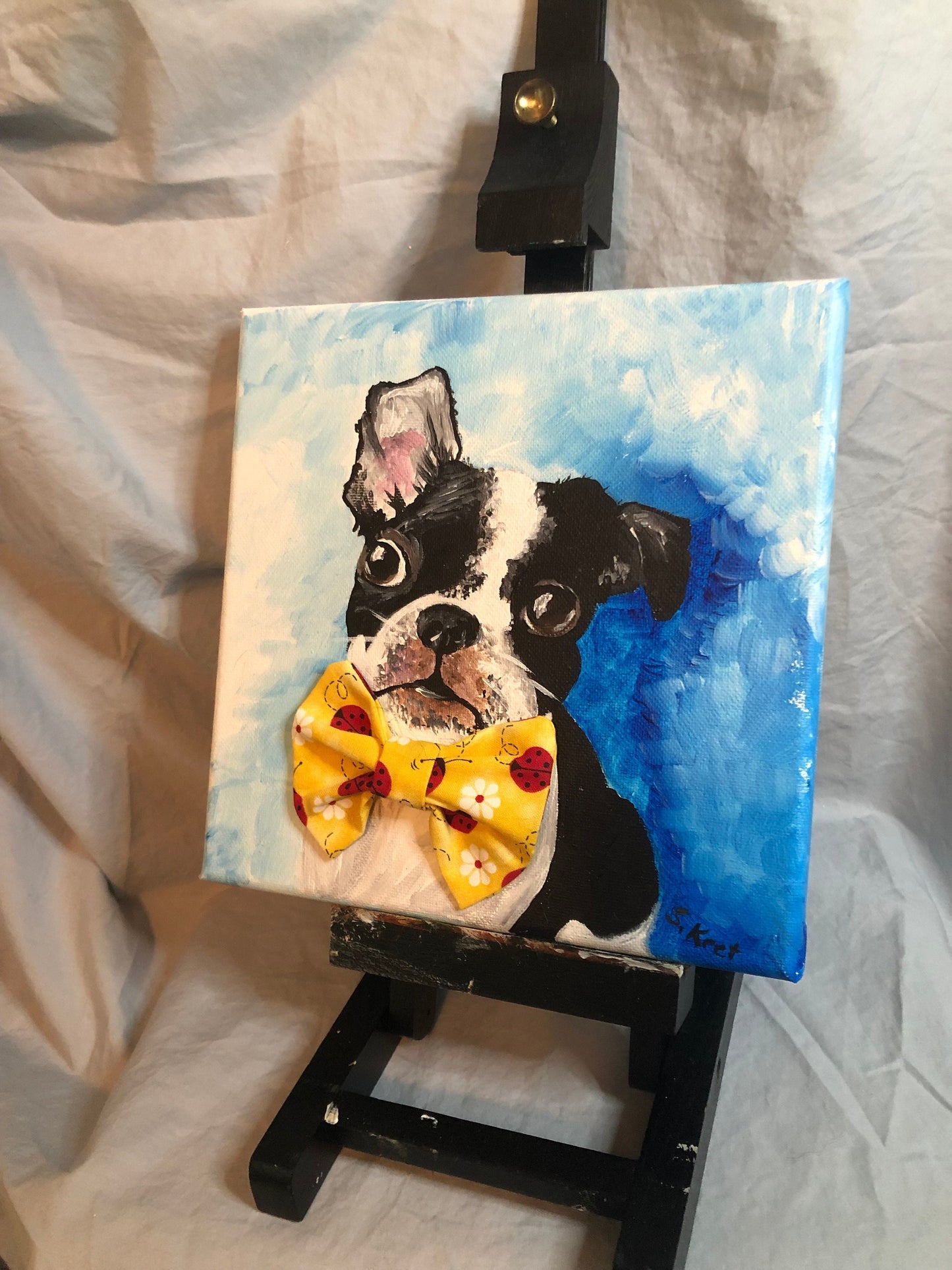 BOSTON TERRIER One of a Kind Acrylic Painting 3D Bowtie