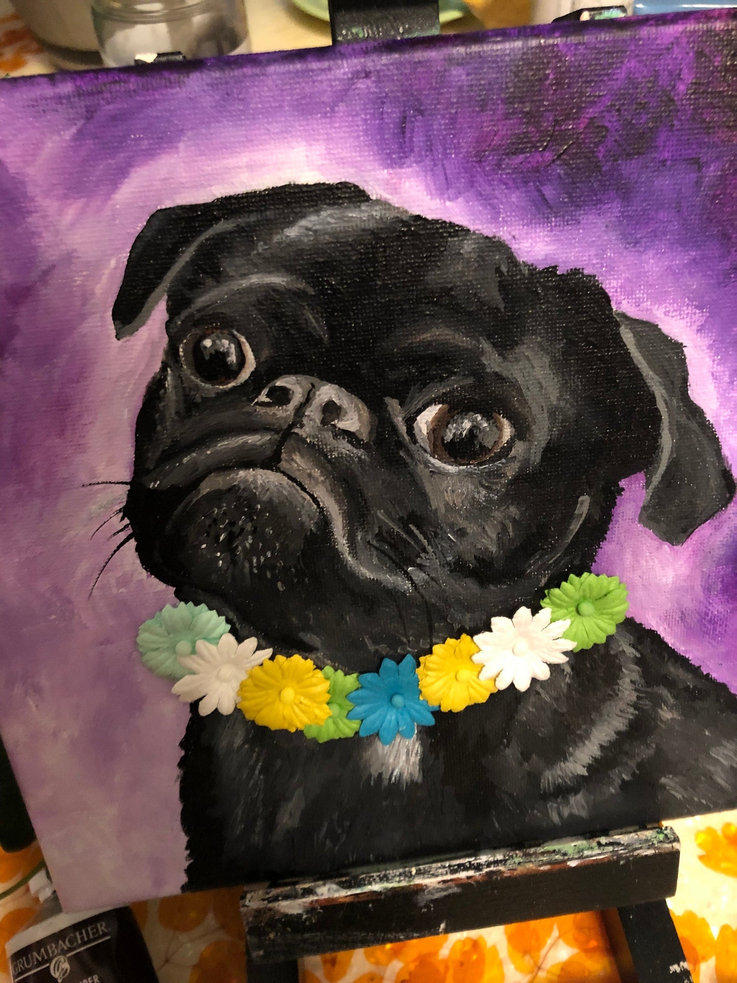 BLACK PUG Painting One of a Kind 3D Flowers