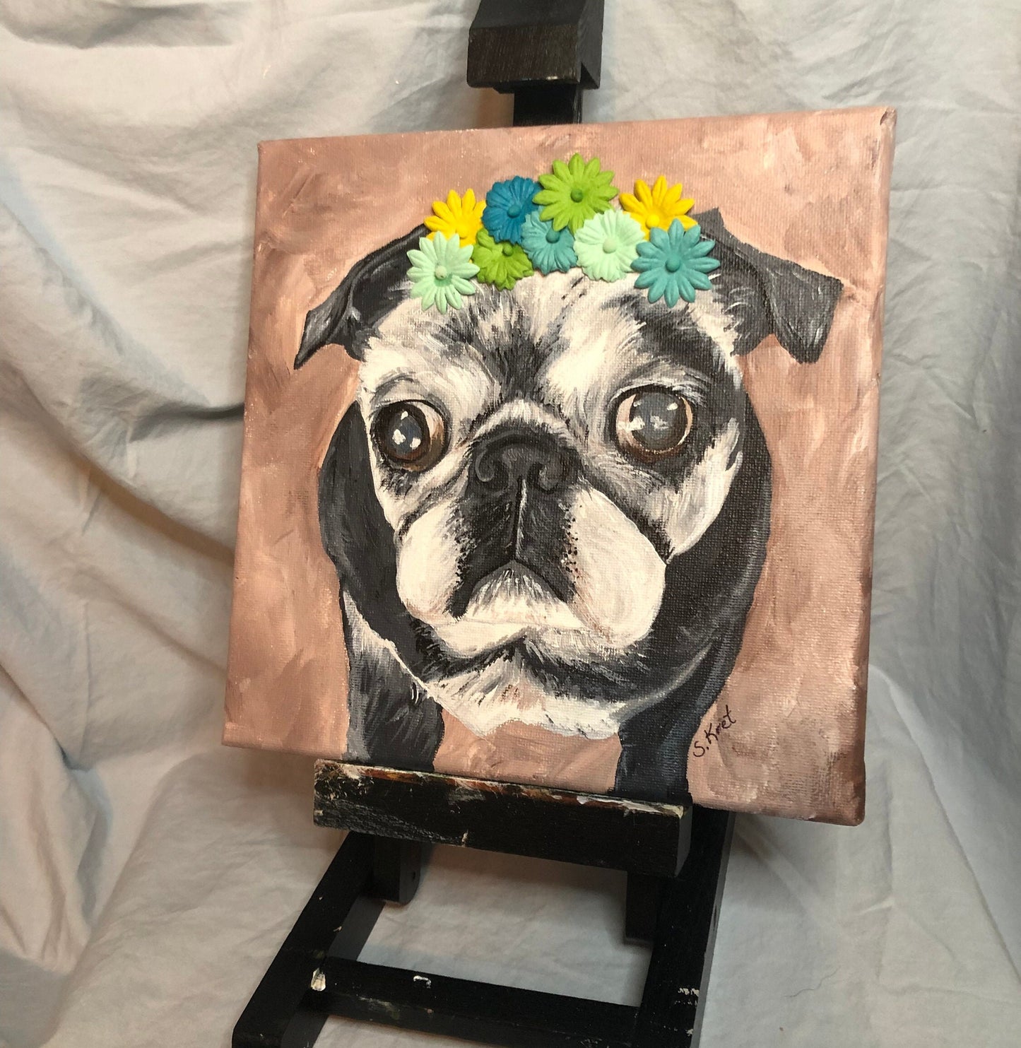 PUG PAINTING Senior Black Pug Acrylic with 3D Satin Flowers