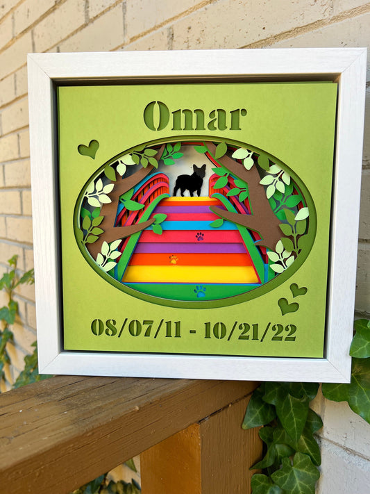 Pet Memorial Shadow Box - Large Rainbow Bridge Wooden and Glass Frame Custom Name Date and 300 Dog Breeds To Choose - A Kitty Too