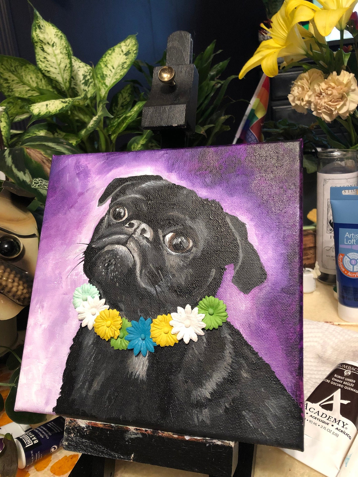 BLACK PUG Painting One of a Kind 3D Flowers