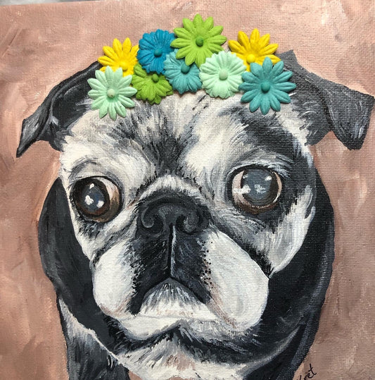 PUG PAINTING Senior Black Pug Acrylic with 3D Satin Flowers