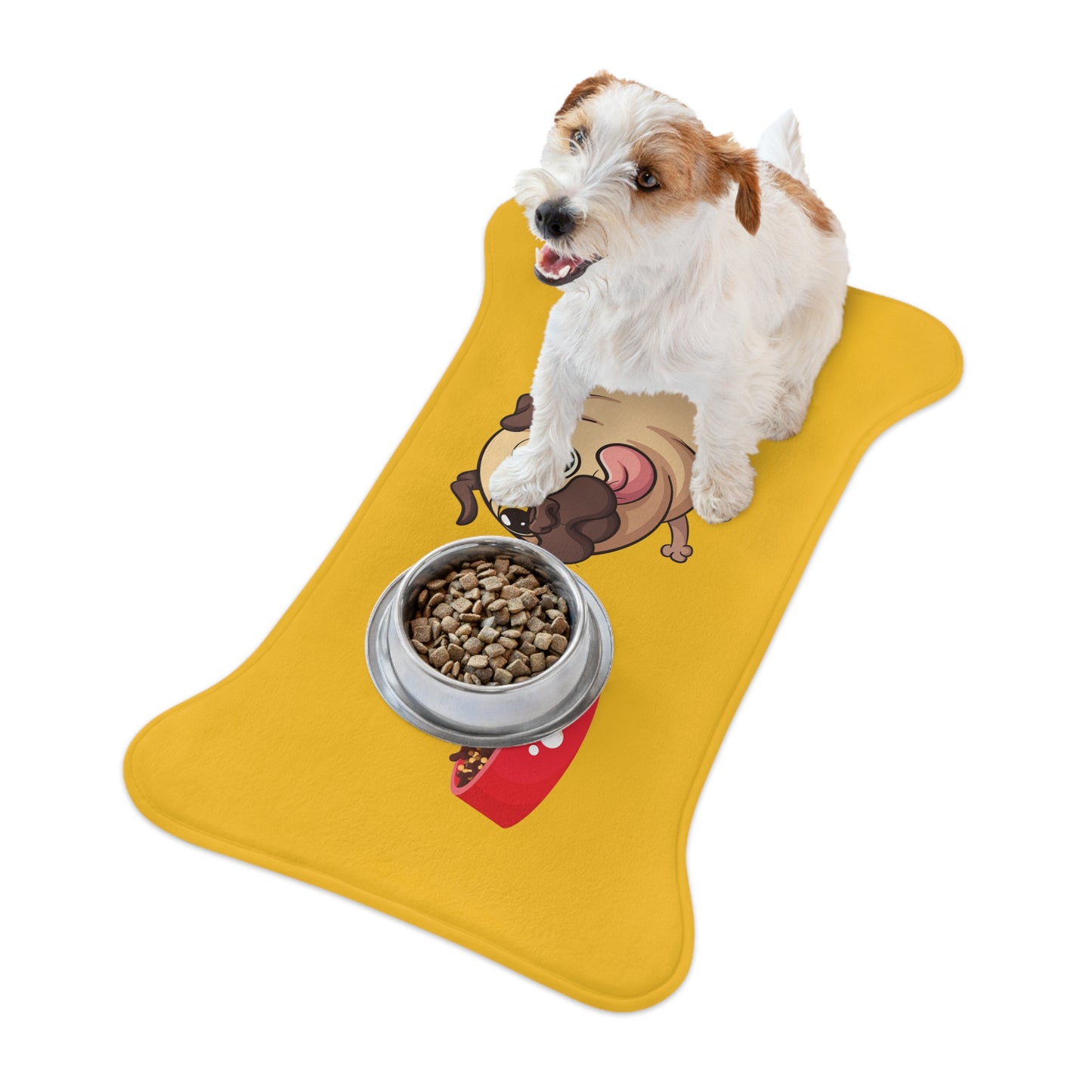 Pet Feeding Mat - Bone Shaped, Golden Yellow with Running Pug