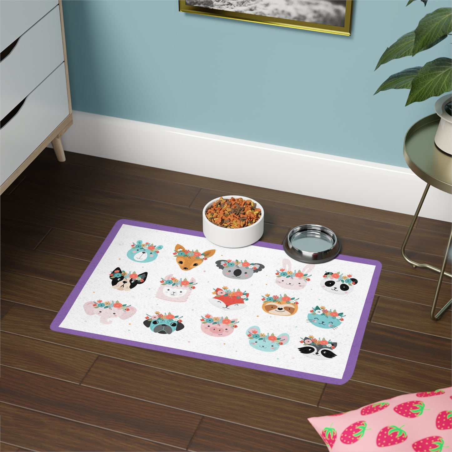 Pet Food Mat (12x18) Adorable Dogs and Animals with Flowers In Their Hair