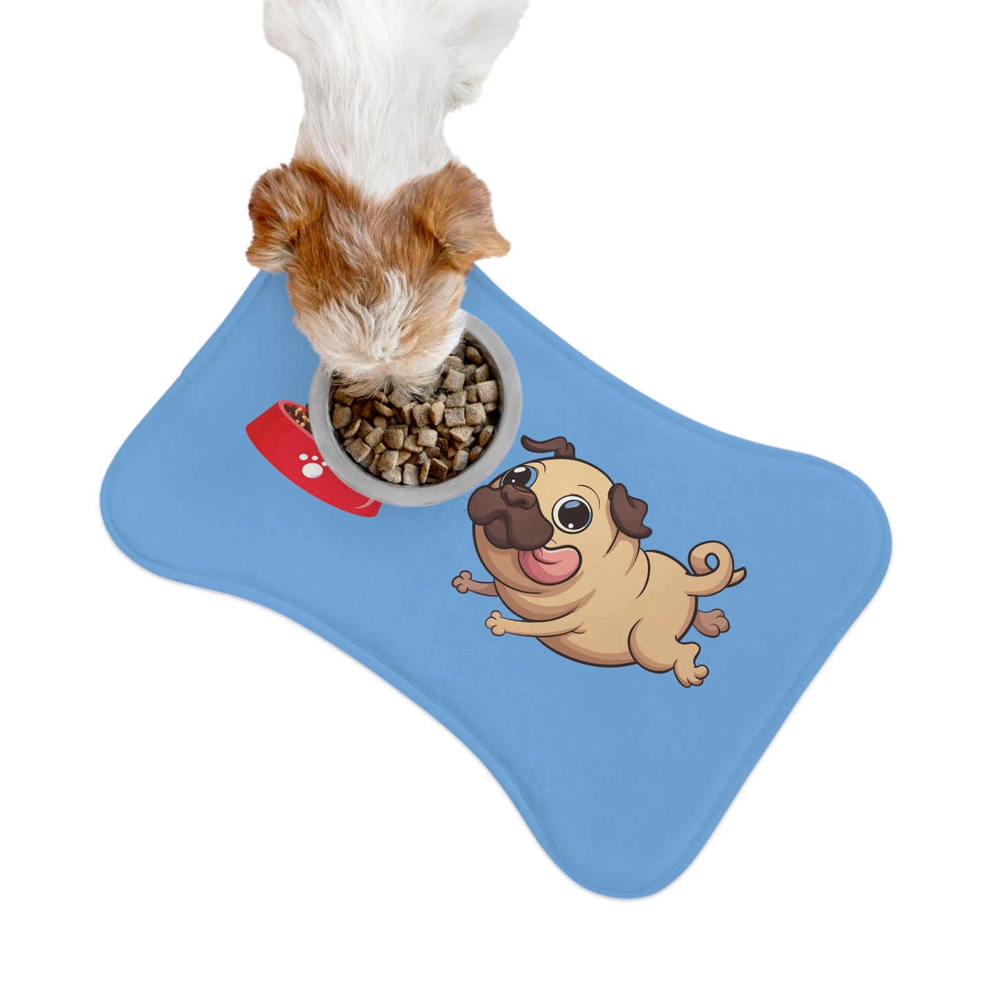Pet Feeding Mats - Bone Shaped Pet Mat, Running Pug, Blue Background