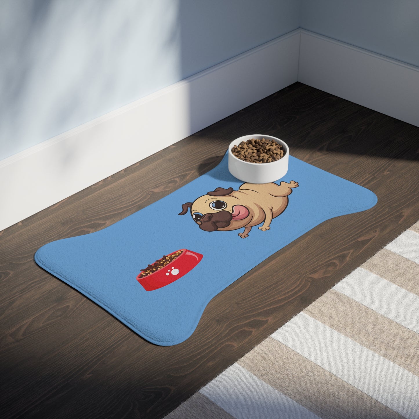 Pet Feeding Mats - Bone Shaped Pet Mat, Running Pug, Blue Background