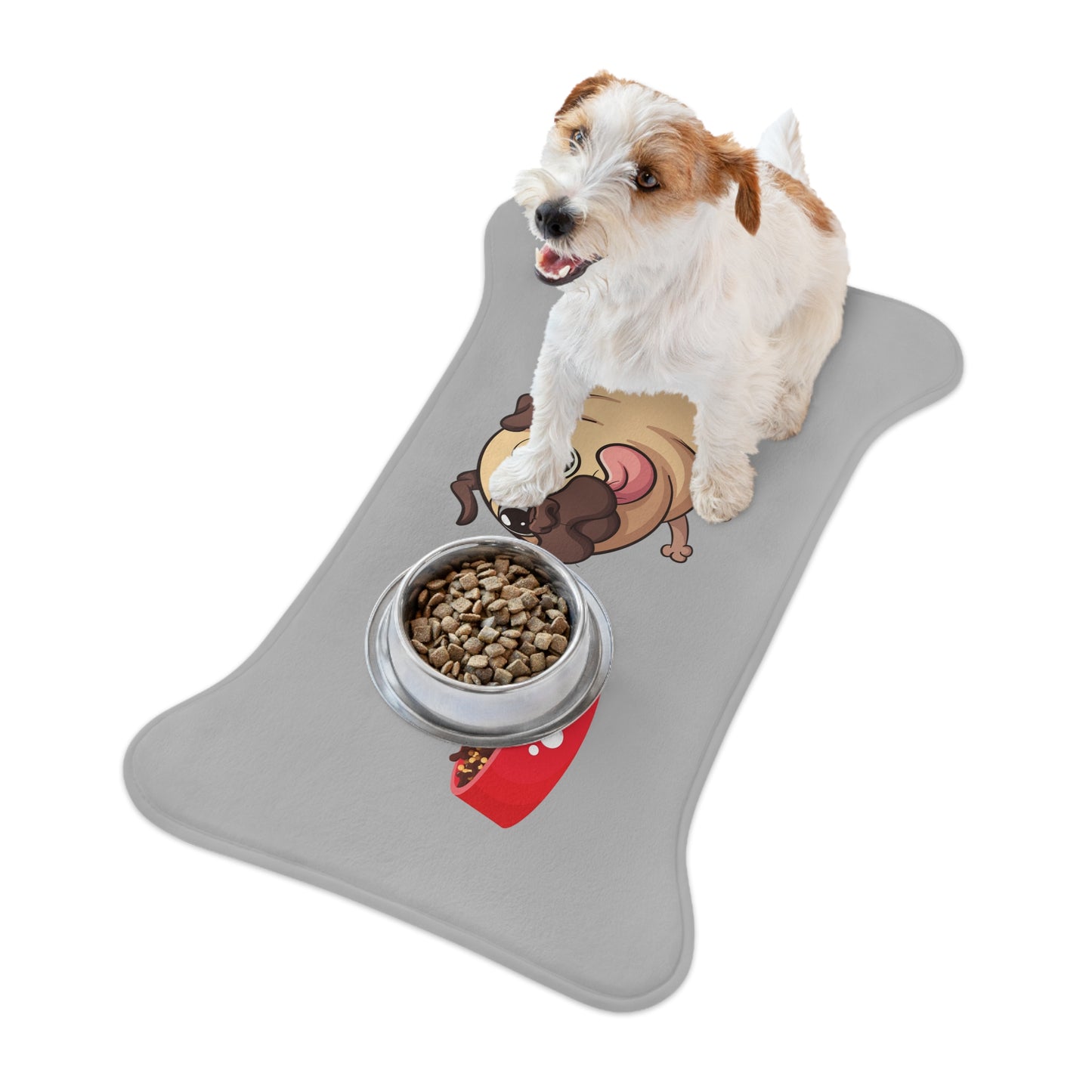 Pet Feeding Mats - Bone Shaped Pet Mat, Running Pug, Grey Background