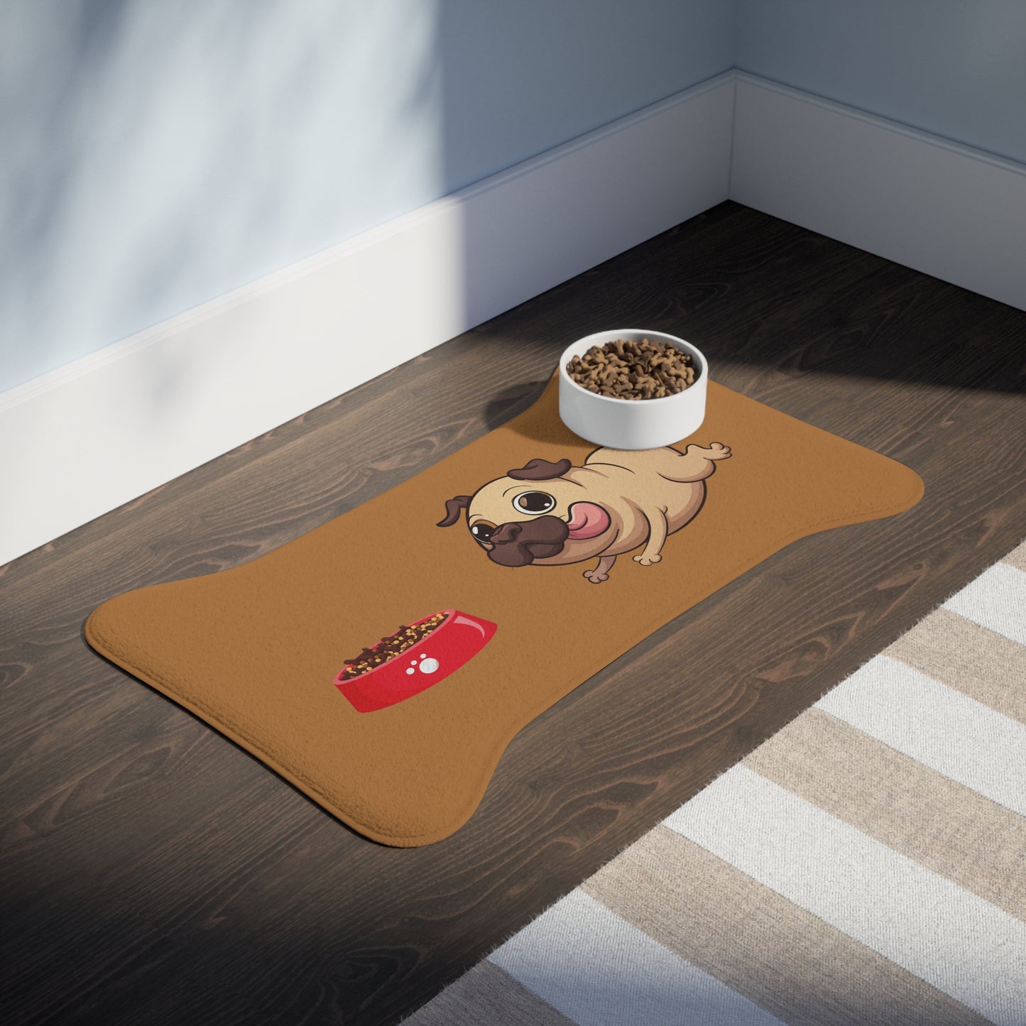 Pet Feeding Mats - Bone Shaped Pet Mat, Running Pug, Brown Background