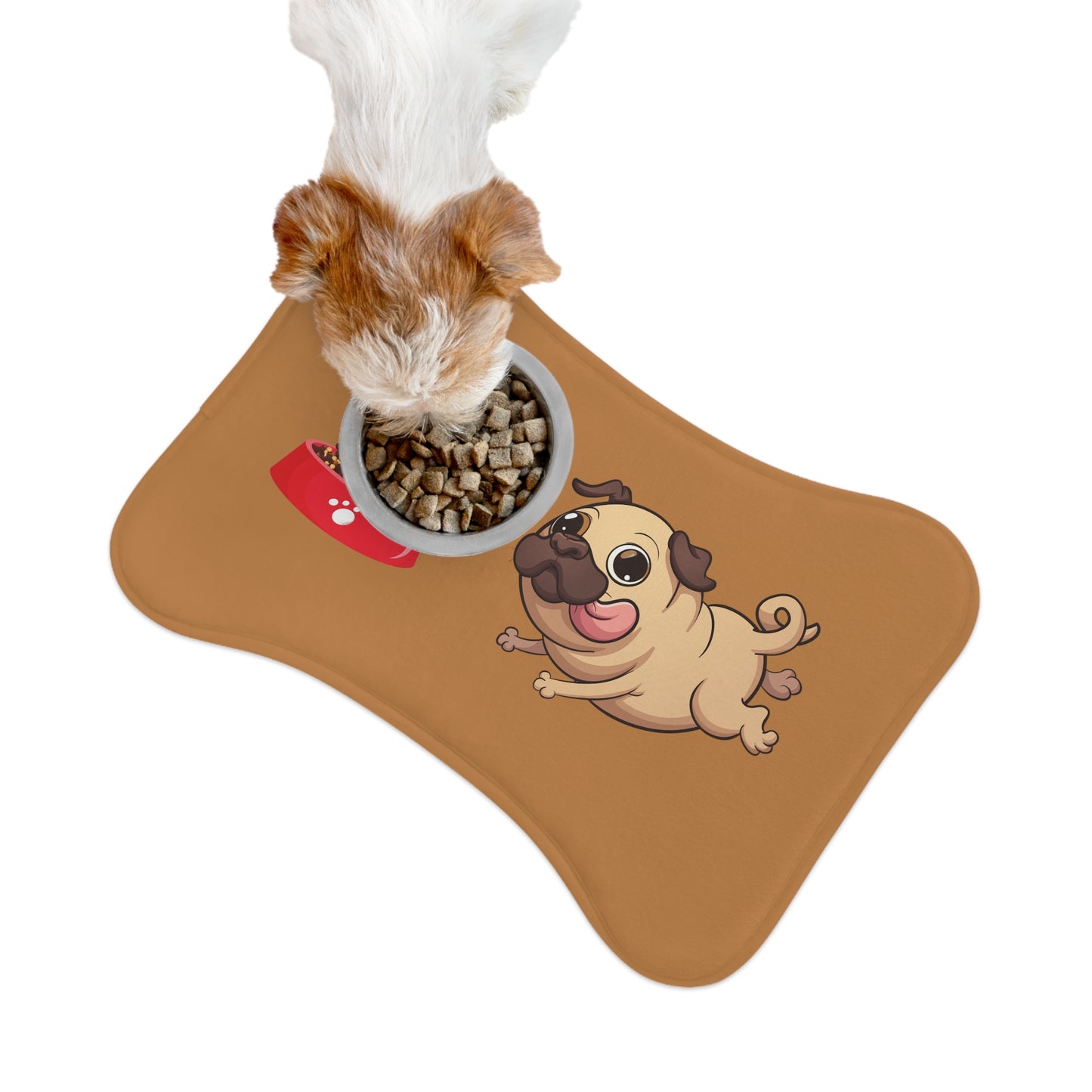 Pet Feeding Mats - Bone Shaped Pet Mat, Running Pug, Brown Background