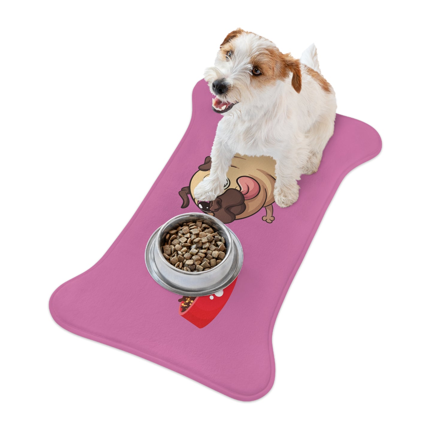 Pet Feeding Mats - Bone Shaped Mat, Running Pug, Pink