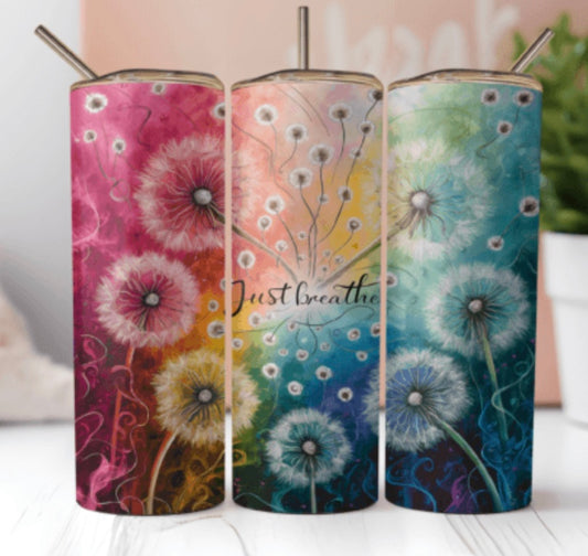 20 oz Stainless Steel Tumbler, Rainbow Dandelions - Just Breathe - LIMITED EDITION