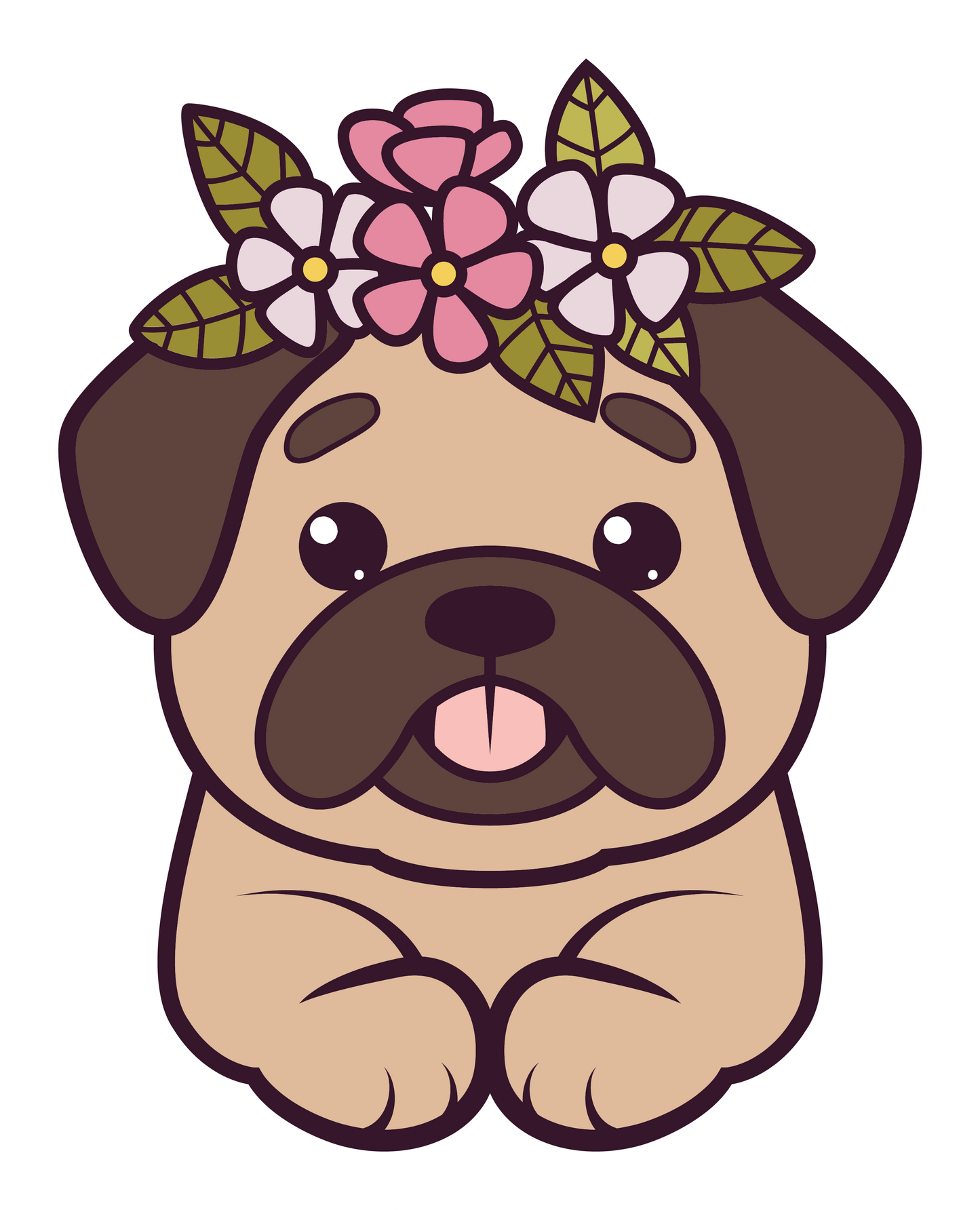 Sticker - Pug Cartoon Pug with Flowers