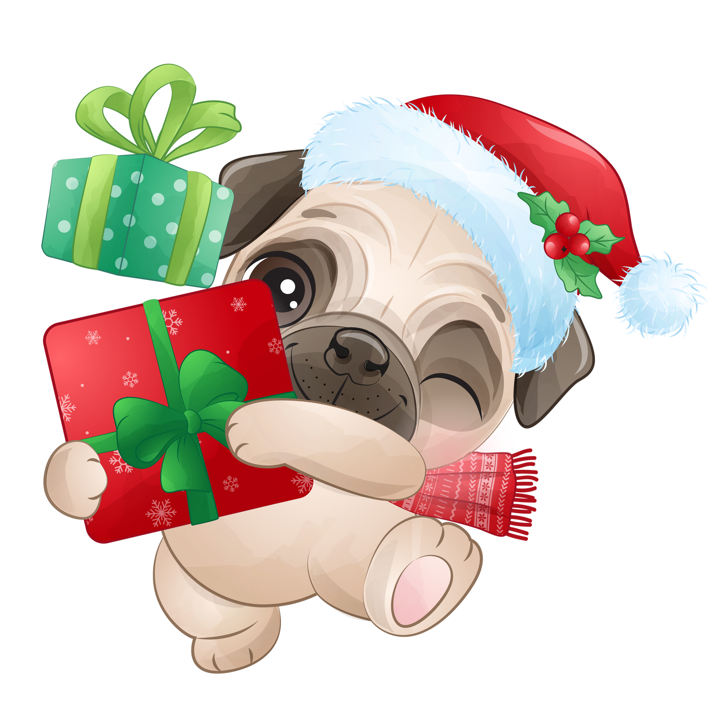 Stickers - Christmas Pug, Winking with Gift
