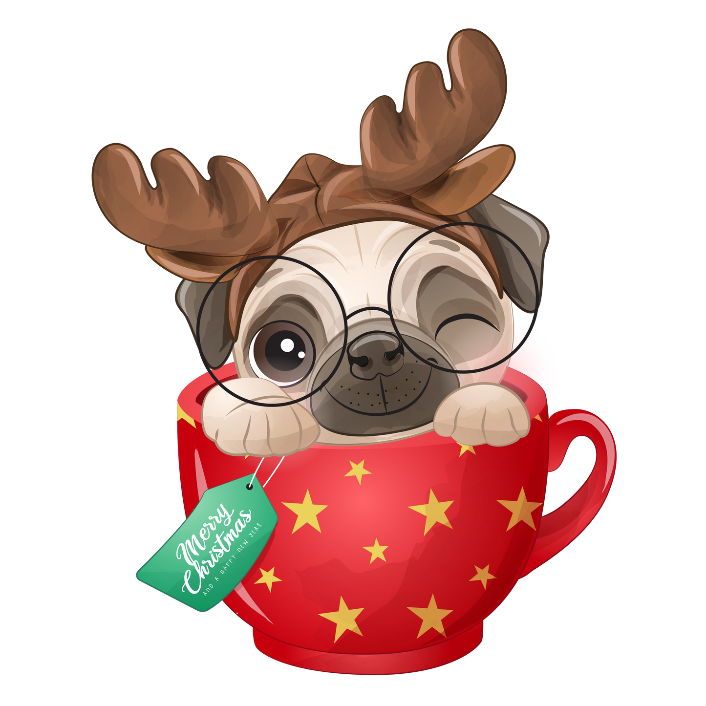 Stickers - Christmas Pug, in Cocoa Mug with Antlers