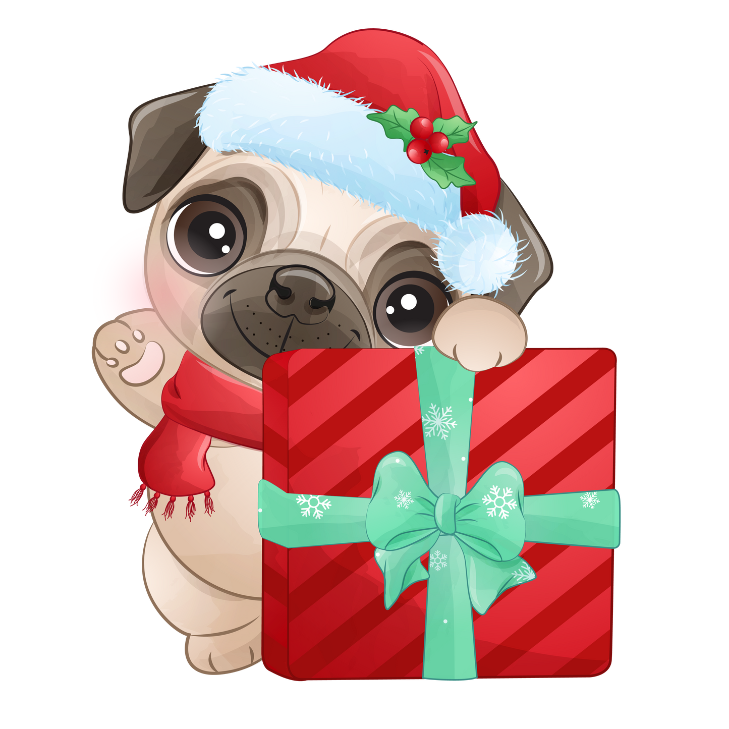 Stickers - Pug Waving with Christmas Gift