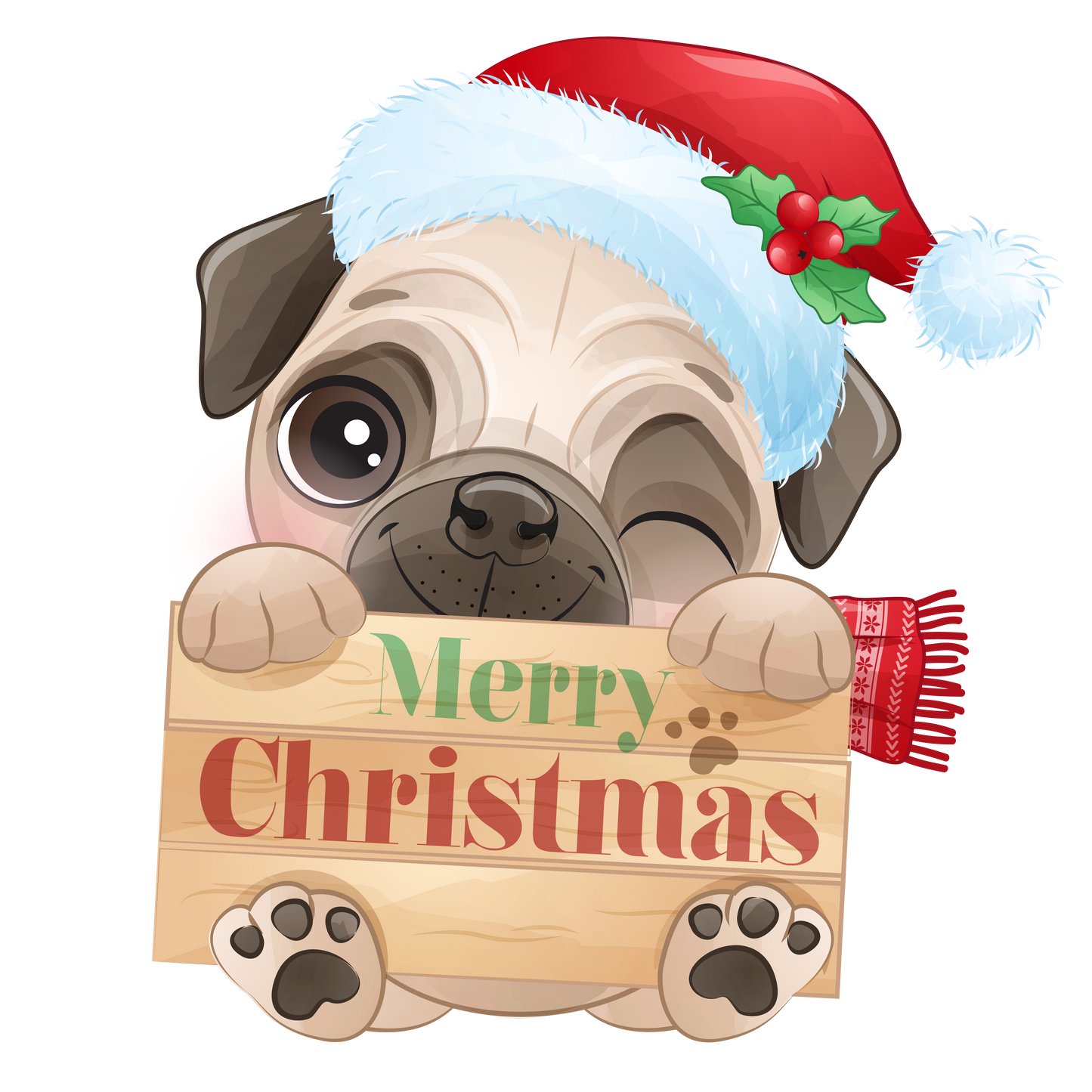 Stickers - Pug, Christmas Pug Holding Merry Christmas