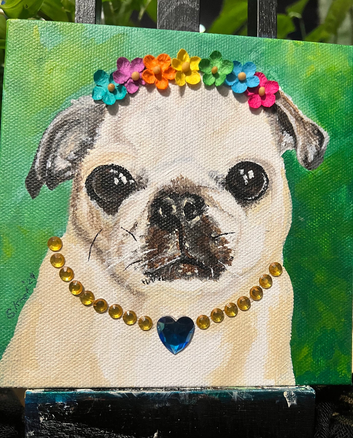 Original Painting, Senior Pug Girl, Katie, Acrylic Painting, Mixed Media