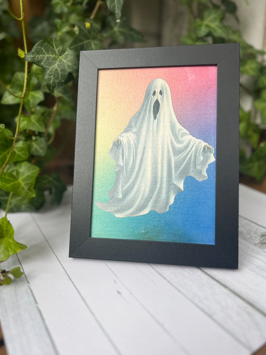 Spooky Ghost, Rainbow Back Ground, 5x7 Framed Print on Canvas Board