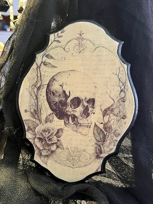 Dark Academia, Skull and Flowers Wall Hanging, Wooden Plaque
