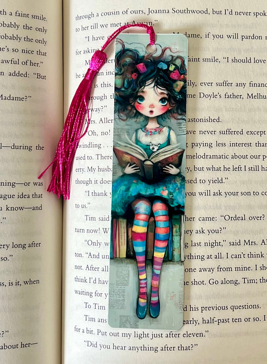 Bookmark - Metal Bookmark 1.5" x 6" with Tassel - Girl Reading Book 1