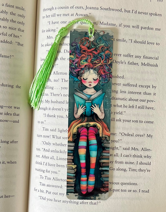 Bookmark - Metal Bookmark 1.5" x 6" with Tassel - Girl Reading 2