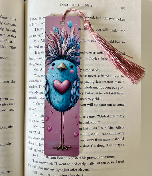 Bookmark - Metal Bookmark 1.5" x 6" with Tassel - Blue Bird with Heart