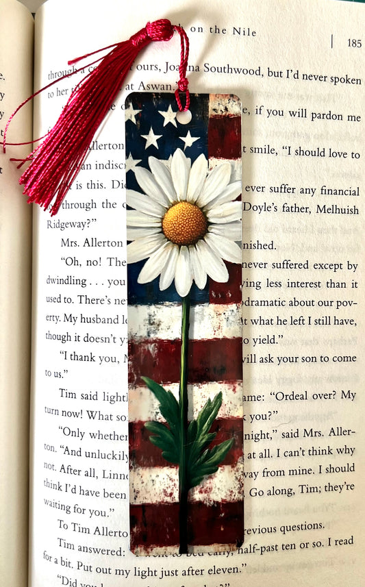 Bookmark - Metal Bookmark 1.5" x 6" with Tassel - American Flag and Daisy