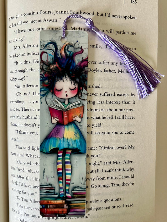 Bookmark - Metal Bookmark 1.5" x 6" with Tassel - Girl Standing and Reading
