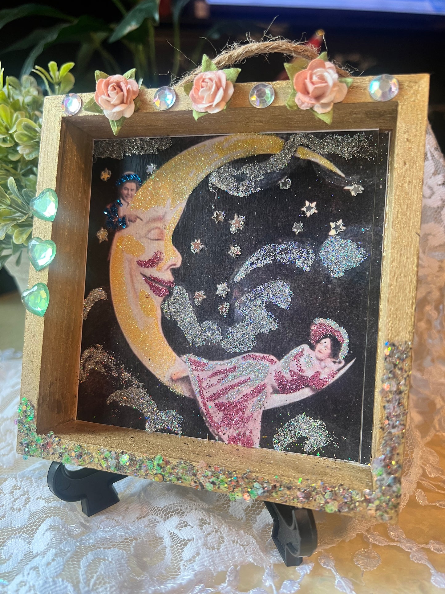 Paper Moon Antique Photo Embellished Golden Shadow Box Wall Hanging