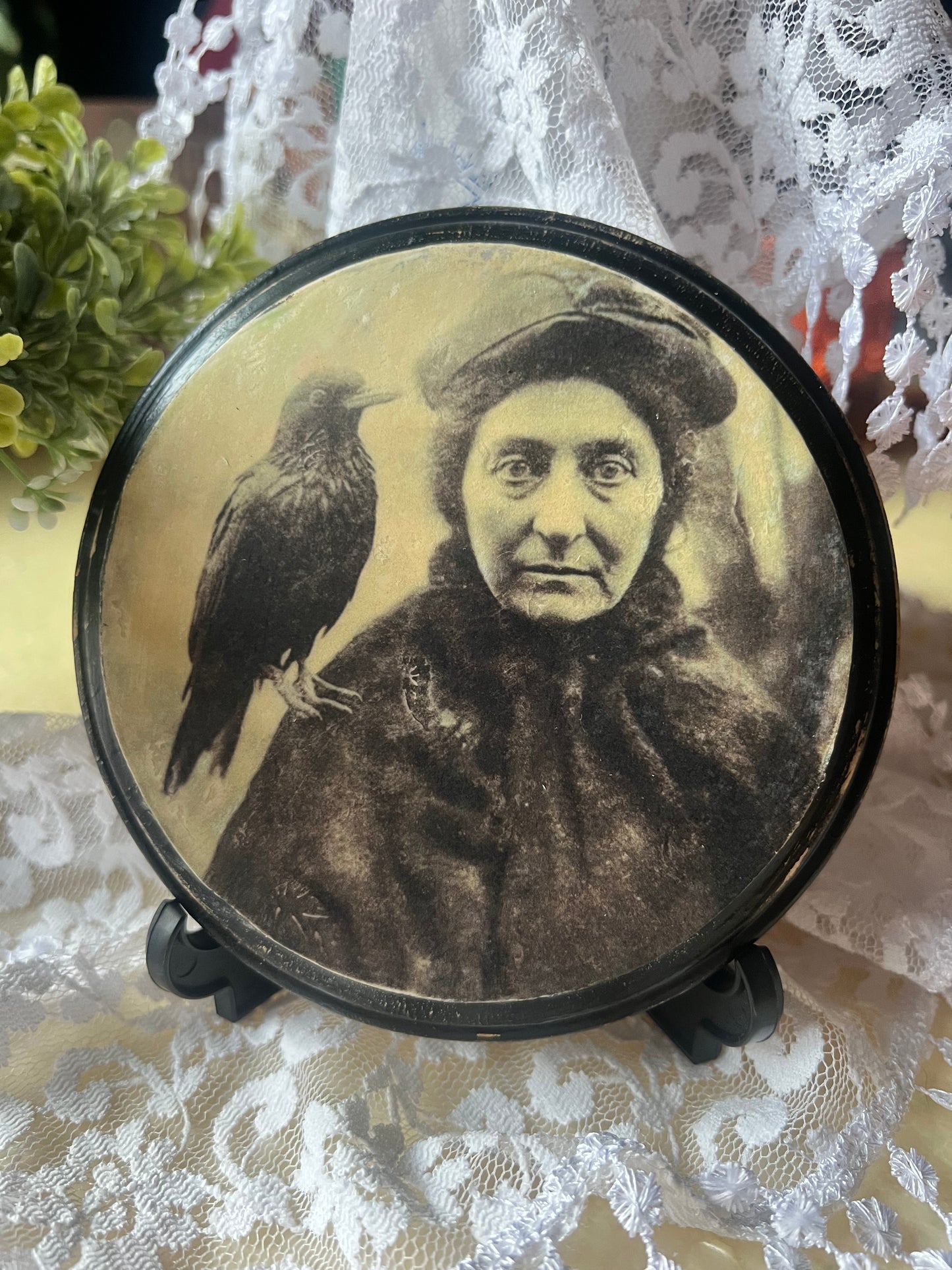 Dark Academia, 1910's Old Woman with Crow,  Wooden Plaque, Wall Hanging