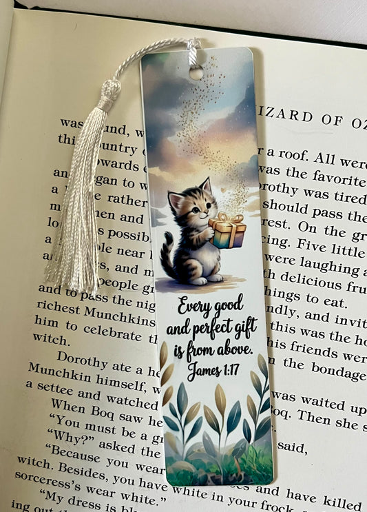 Bookmark - Metal Bookmark 1.5" x 6" with Tassel - Every Good and Perfect Gift Bible Verse