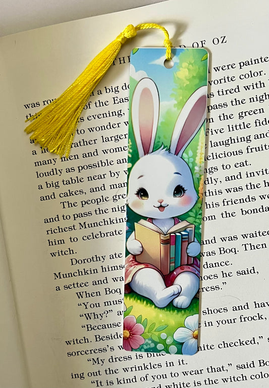 Bookmark - Metal Bookmark 1.5" x 6" with Tassel - White Rabbit