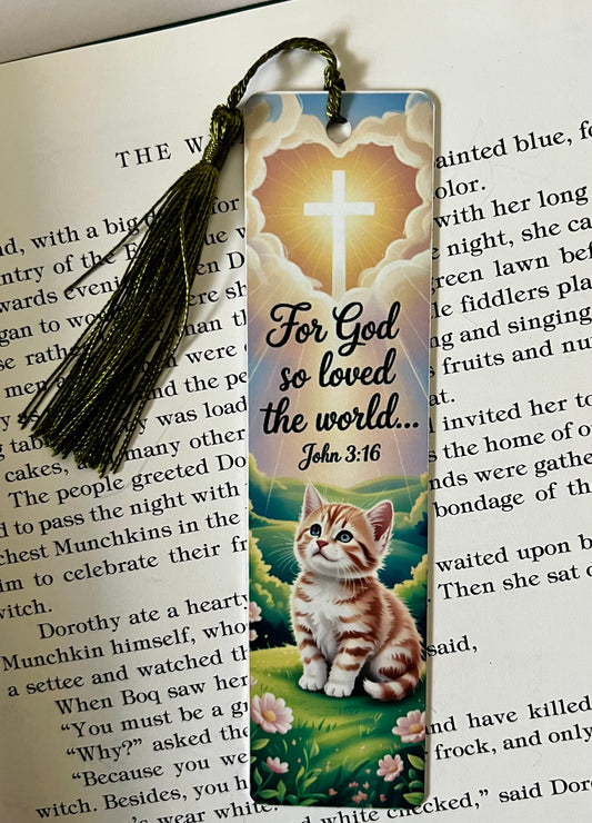 Bookmark - Metal Bookmark 1.5" x 6" with Tassel - For God So Loved The World Bible Verse