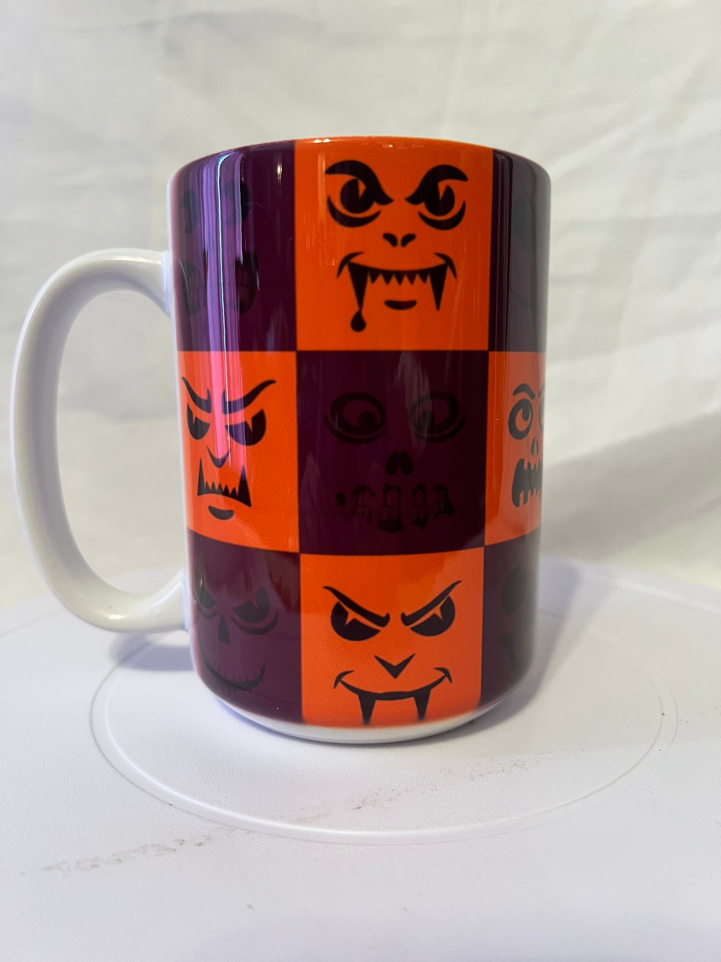 Coffee Mug, Checkerboard Pattern, Monster Faces, Halloween, 15 oz